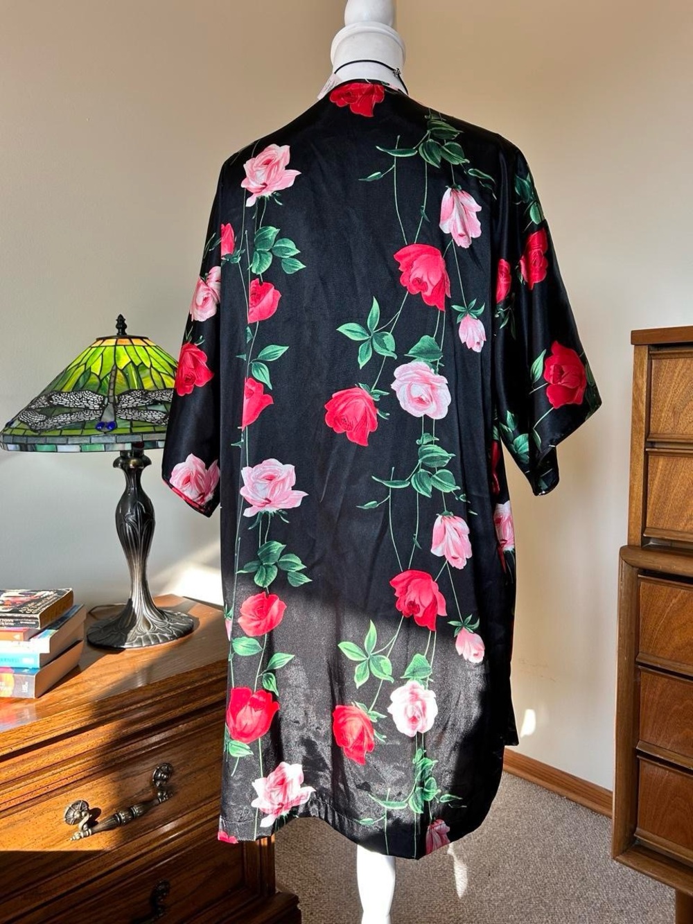 Secret Treasures Black Floral Satin Robe with Red and Pink Roses